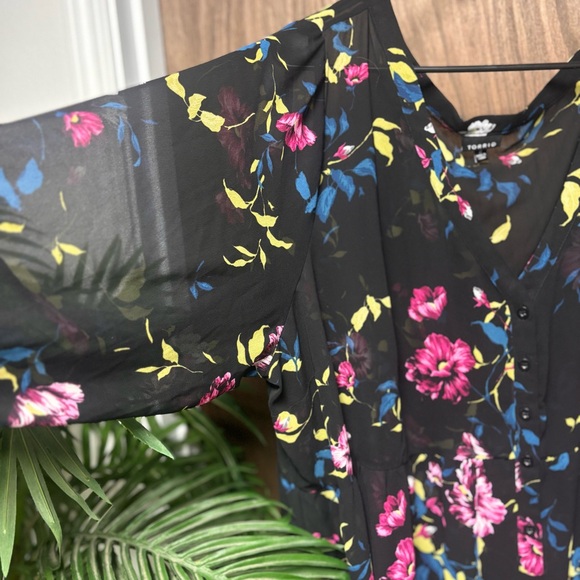 Torrid Size 2 Black Floral Sheer Button Front High Low Dress - Picture 8 of 11
